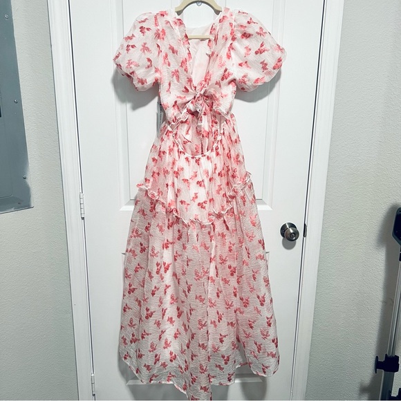 SISTER JANE Rare Midi Puff Smock Dress in Pink Floral Jacquard Size Medium NEW! - Picture 7 of 16